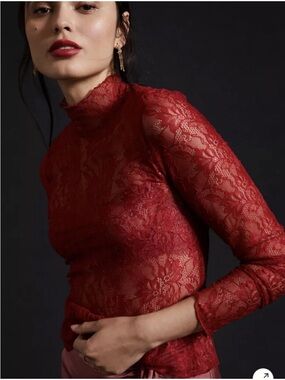Anthropologie Red Lace Layering Mock Neck Top, Small.